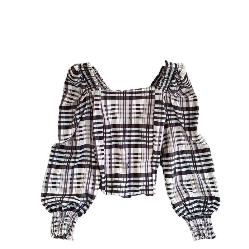

Autumn and Winter New Plaid Top Women's Square Collar Puff Sleeve Short Waist Waist Was Thin All-match Shirt Women UK234