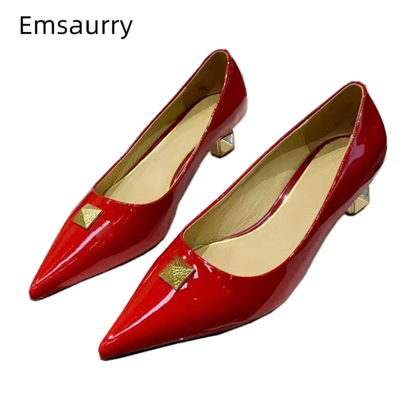 

Big Rivet Strange Heel Women Pumps Spring Autumn Slip-on Runway Shoes Patent Leather Pointed Toe Zapatos Mujer