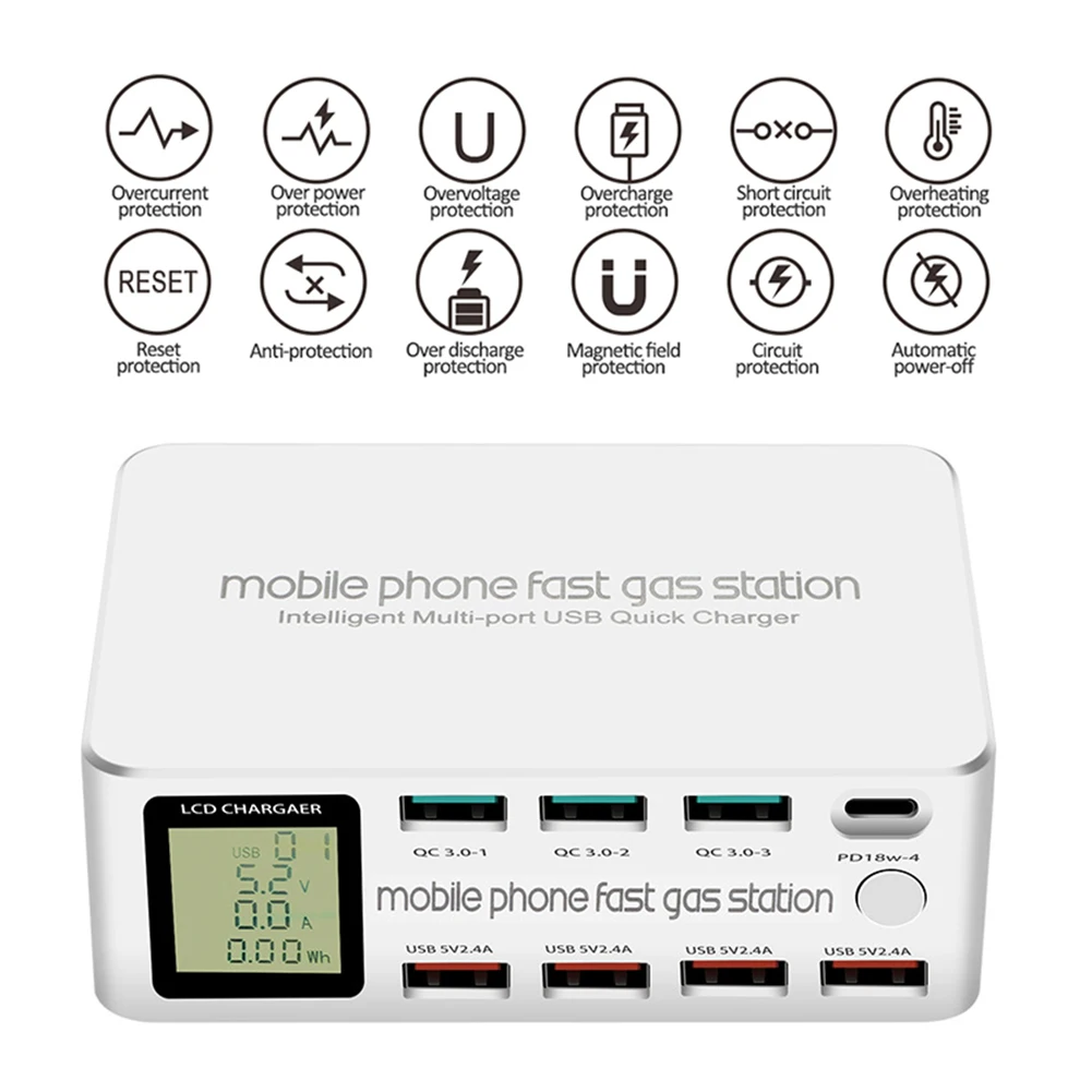

100W 8 Ports LCD Display Quick Charge 3.0 USB Charger Adapter HUB Type C PD Fast Phone Charger For iPhone Huawei Samsung Xiaomi