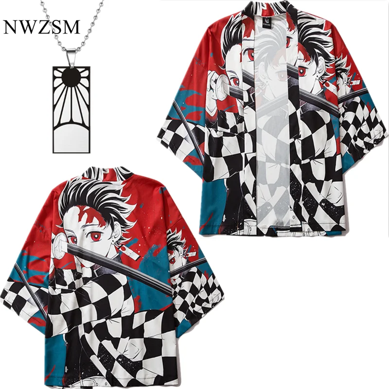 

anime Demon Slayer Cosplay Kimono Cardigan Sunscreen printing Loose Kimono Harajuku Short Sleeve cloak necklace suit