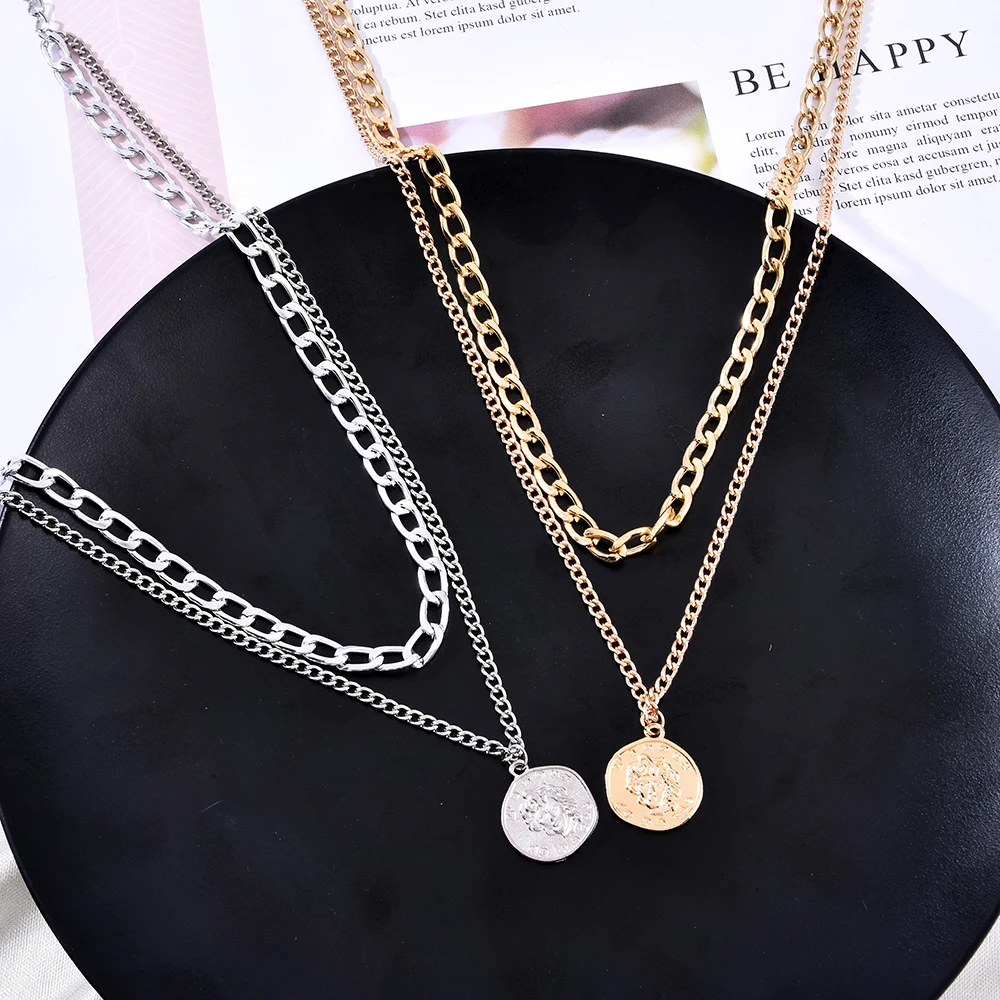 

European and American Ins Retro Portrait Exaggerated Thick Chain Necklace Double Chain Hip Hop Choker Necklace Short Female