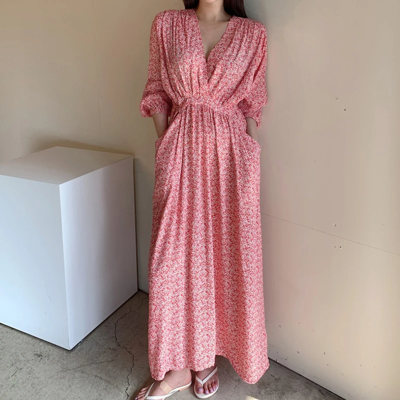 

Autumn 2020 New Ladies Korean Chic And Sweet V-neck Cross High Waist Loose Double Pocket Floral Dress Women QB912