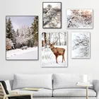 Картина на холсте с изображением зимней снежной сцены, оленя, ветка, цветение сливы, фотография стены для гостиной, Рождества, домашний декор