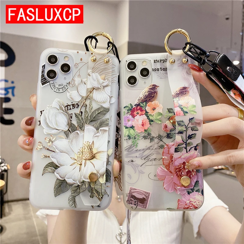 

for iPhone 13 12 11 SE 2020 XR XS Max X 6 7 8 Plus 13 Pro Max Case Stylish 3D Emboss Flower Neck Lanyard Wristband Holder Cover