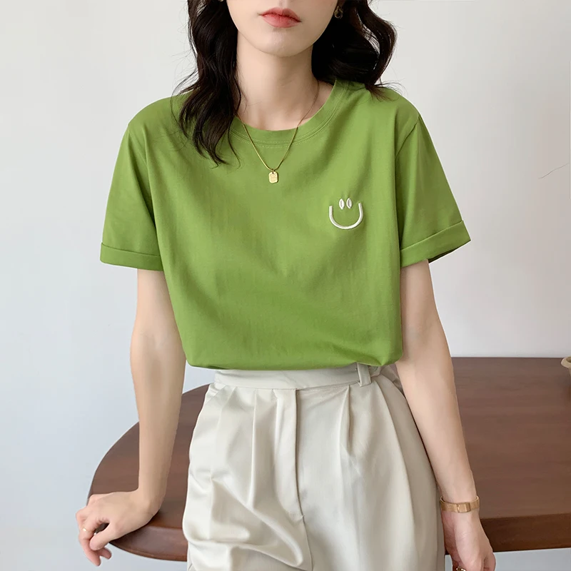 

price: new Avocado Green short sleeve t-sleeve women's embroidered smiling face loose round neck top in summer 2021