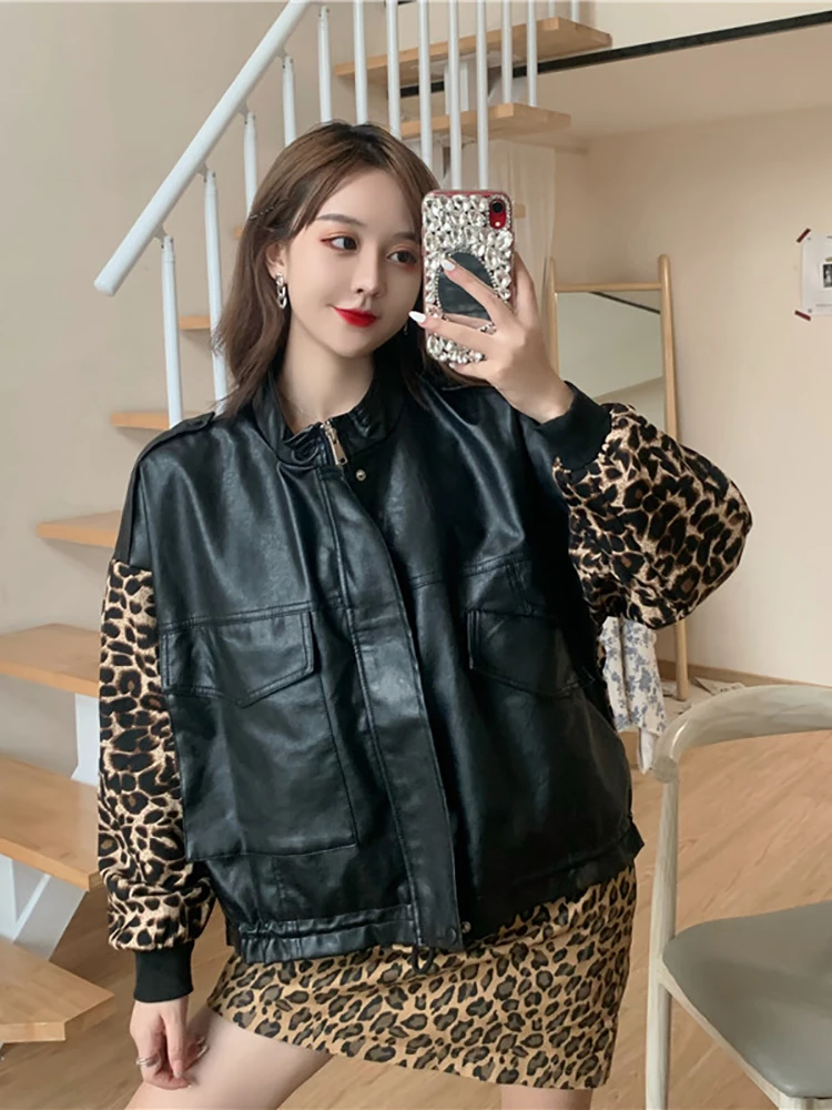 

Autumn Winter Korean 2020 New Design Sense Stitching Zipper Leopard Pattern Fashion Junior Pu Leather Coat Women's Wear Students