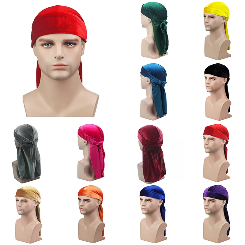 

Men Velvet Long Tail Durag Hip Hop Turban Breathable Bandana Hat velvet Silky Satin Durag do doo du rag long tail headwrap Hot