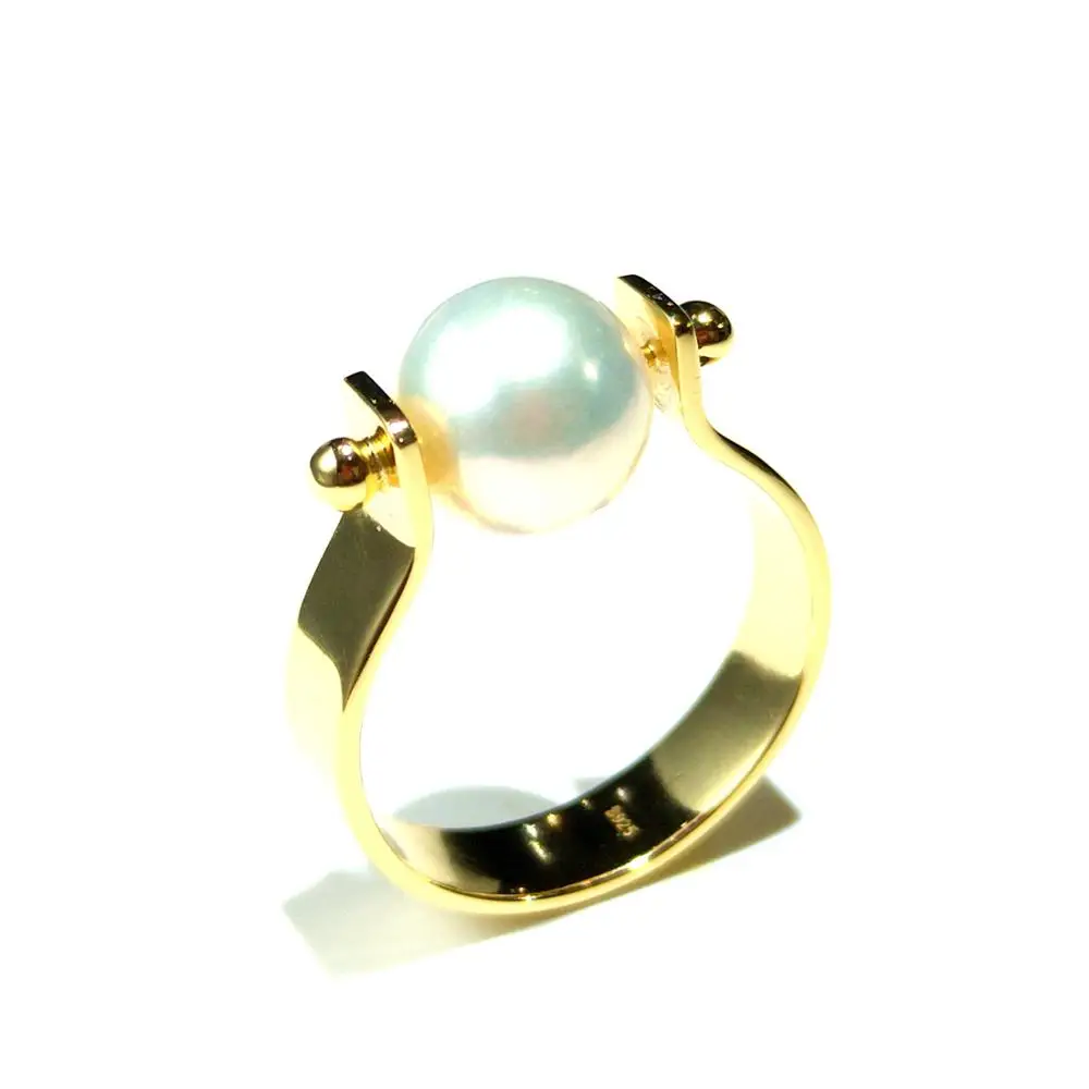 

Lii Ji Real Round Pearl 925 Sterling Silver Gold Plated Luxurious Ring Natural Freshwater Pearl High Luster Pearl Ring