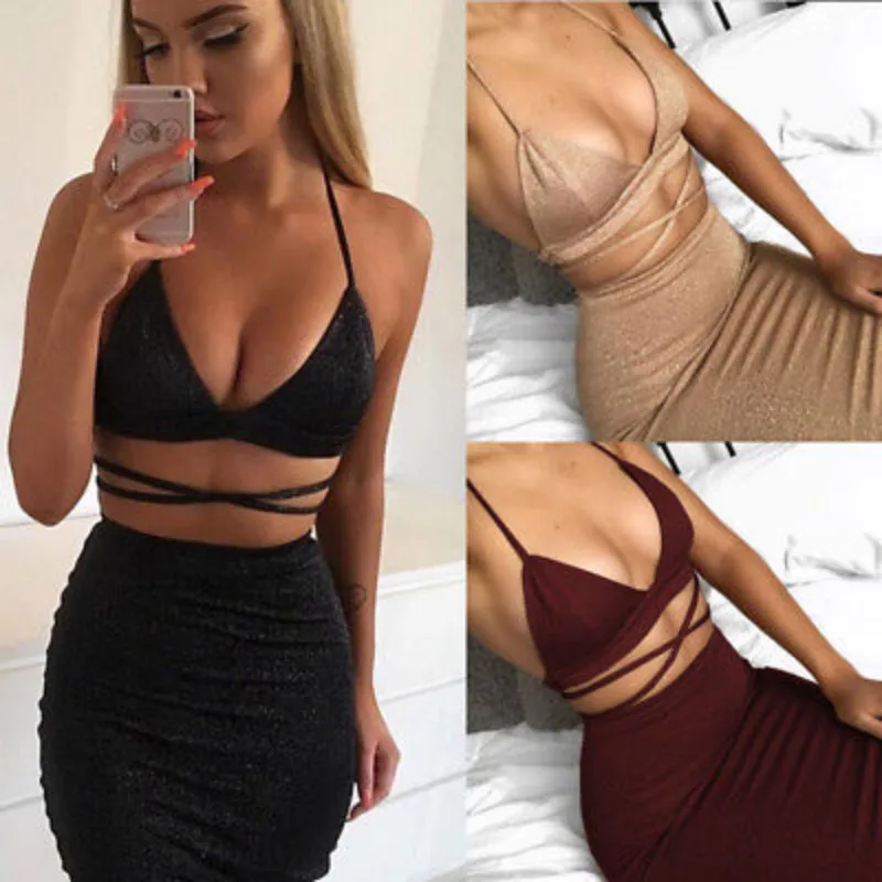 

Sexy 2 Piece Sequin Set Women Crop Top Skirt Club Outfits 2019 Summer Sexy Bandage Matching Sets women Shiny 2pcs skirt sets
