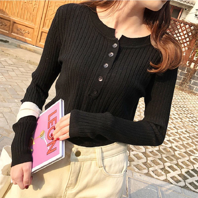 

Women's sweater sueteres de mujer O-neck buttons Tops winter solid clothes long sleeve vintage y2k knitwear jumper black vintage