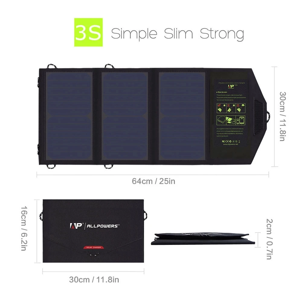

ALLPOWERS 5V21W Portable Phone Charger Solar Charger Dual USB Output Mobile Solar Battery Charger for iPhone Samsung Smartphone