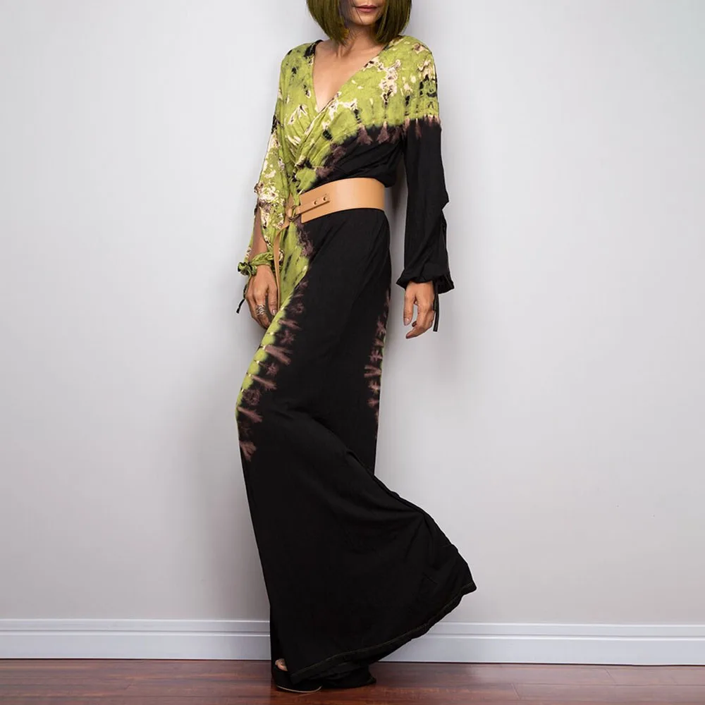 

2021 Summer New Yellow Temperament Commute Splicing Color Contrast Jumpsuit Long Sleeve V-neck Milk Shreds Trousers