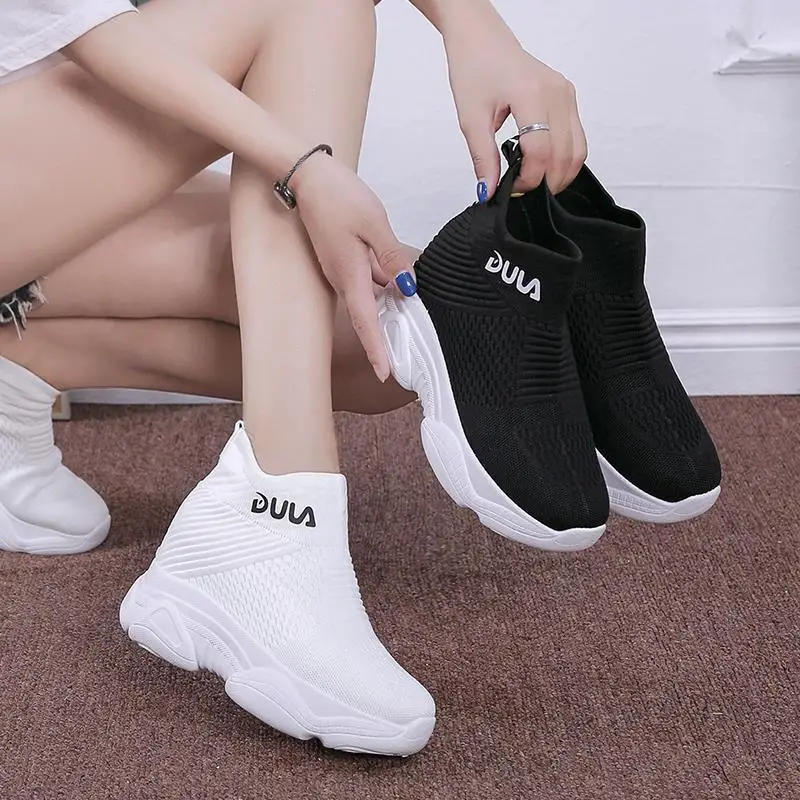 

Breathable Knitted Chunky Sneakers Women 2021 New Spring Solid Wedge Sock Shoes Woman Thick Bottom High Top Shoes Female