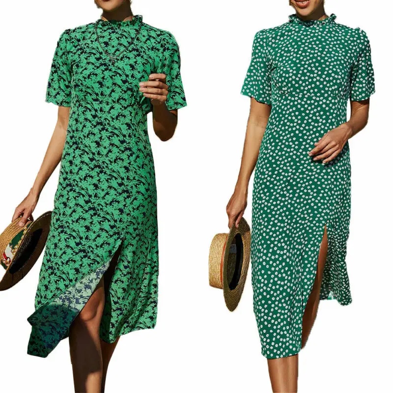 

Summer 2021 Elegant Vintage Dress Women Retro Short Sleeve Floral T Shirt Dress Split Holiday Casual Midi Dress Party