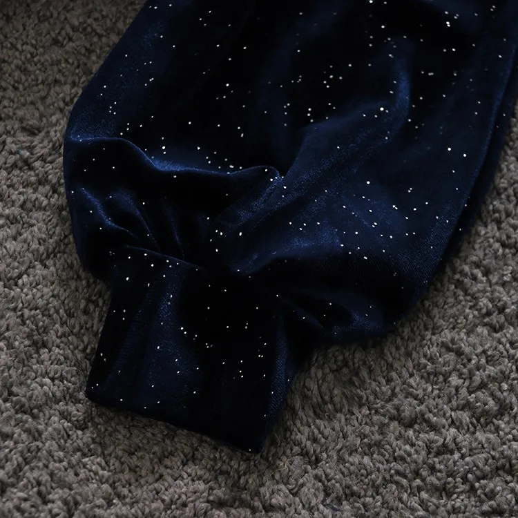 Темно-синие велюр модное женское платье шикарное с длинными рукавами-фонариками