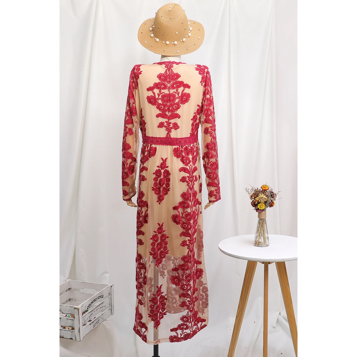 

Jastie Plunging V-neckline Sexy Women Dress Floral Embroidered Sheer Net Maxi Dresses Crochet Waist Elegant Long Dress Vestidos