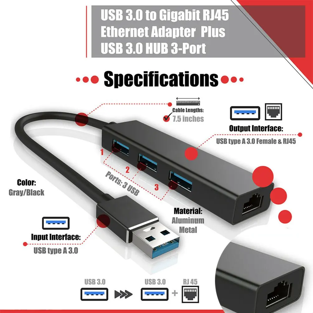 

USB 3.0 Gigabit Ethernet to RJ45 Hub 1000Mbps Gigabit Network Adapter 3-Port USB Hub Network Card for Mac PC RJ45 Interface