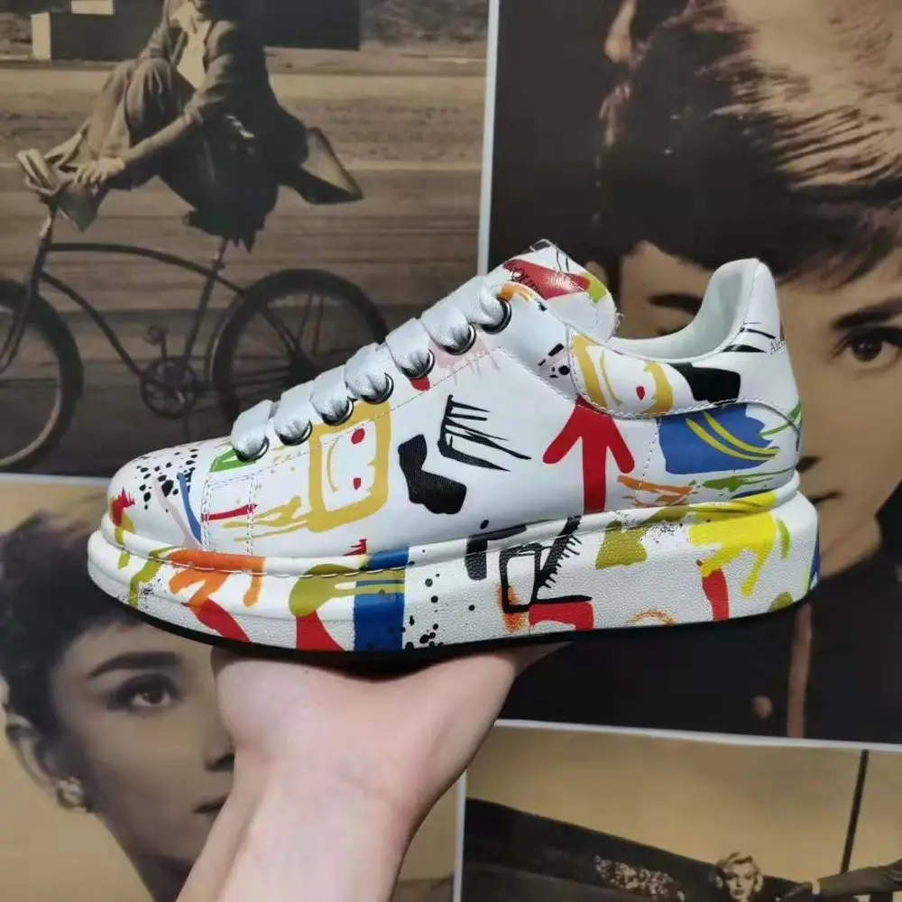 

Spring Autumn Genuine Leather Women Casual Shoes Luxury Brand 2019 Mens graffiti Sneakers Breathable Lace up Mens Sports Shoes
