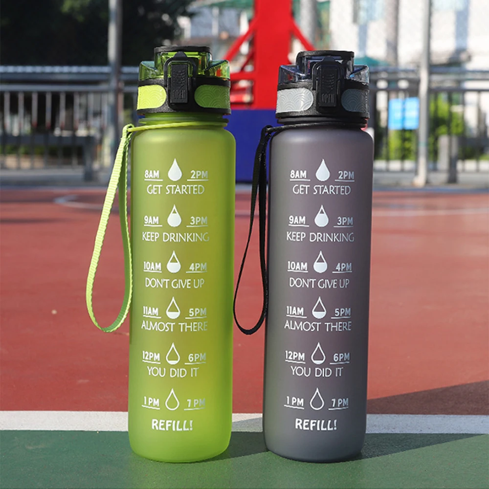 

1000ml Water Bottle Food Grade PP With Time Marker Fitness Matte Sport Water Bottle For Outdoor Cycling Workout Hiking