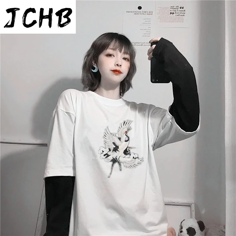 

2021 Oversize Fake Two Pieces Long-sleeved T-shirt O-neck Crane Printing Women's New Causal Loose Thin Shirt Bf Wind Spring Autu