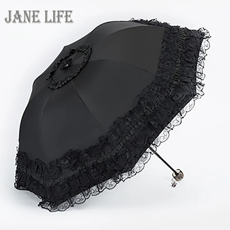 

Lace Women Rain Umbrella Sun Paraguas mujer Black Parasol Folding Princess guarda chuva invertido UV Protection Decoration