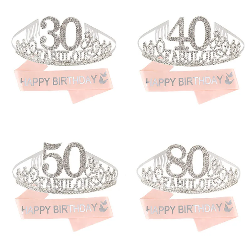 

30th 40th 50th & Fabulous Birthday Sash and Tiara Crown for Women Happy Birthday Queen Party Decoration Supplies Favor Gifts