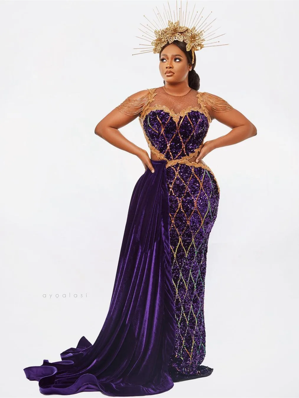 

Glitter Purple Evening Gowns Aso Ebi Style Plus Size Sequins Prom Party Dresses With Detachable Train Tassels Gold Appliques