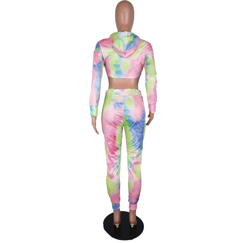 

Colorful Tie Dye Print Two Piece Outfits Women's Costume Full Sleeve Hooded Crop Top +Bandage Trouser Tracksuit Casual Sweatsuit
