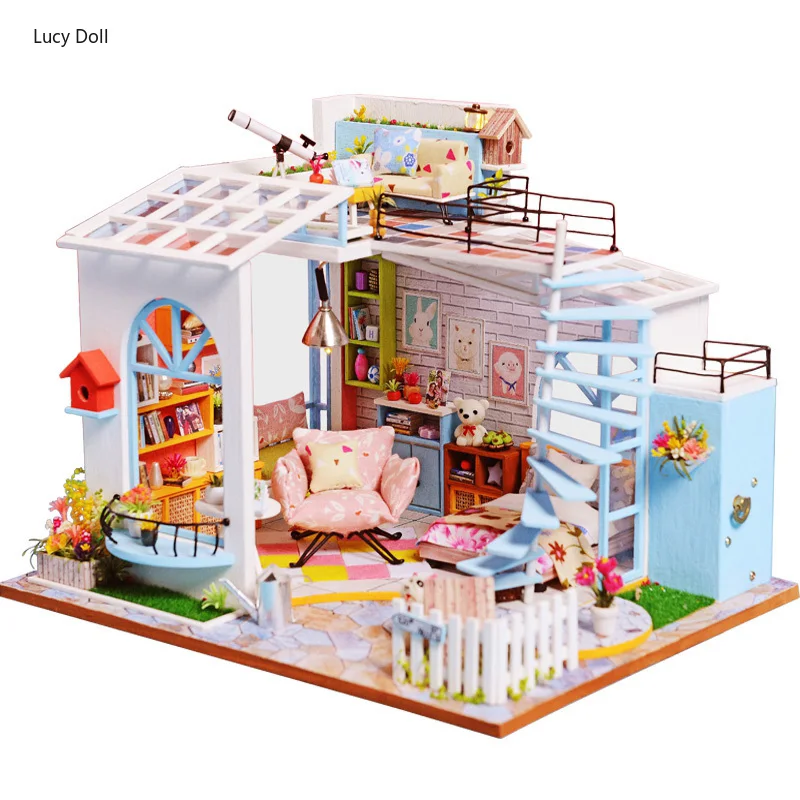 

Doll House Wooden Furniture Diy House Miniature Puzzle Assemble 3D Miniaturas Dollhouse Kits Toys For Children Christmas Gifts