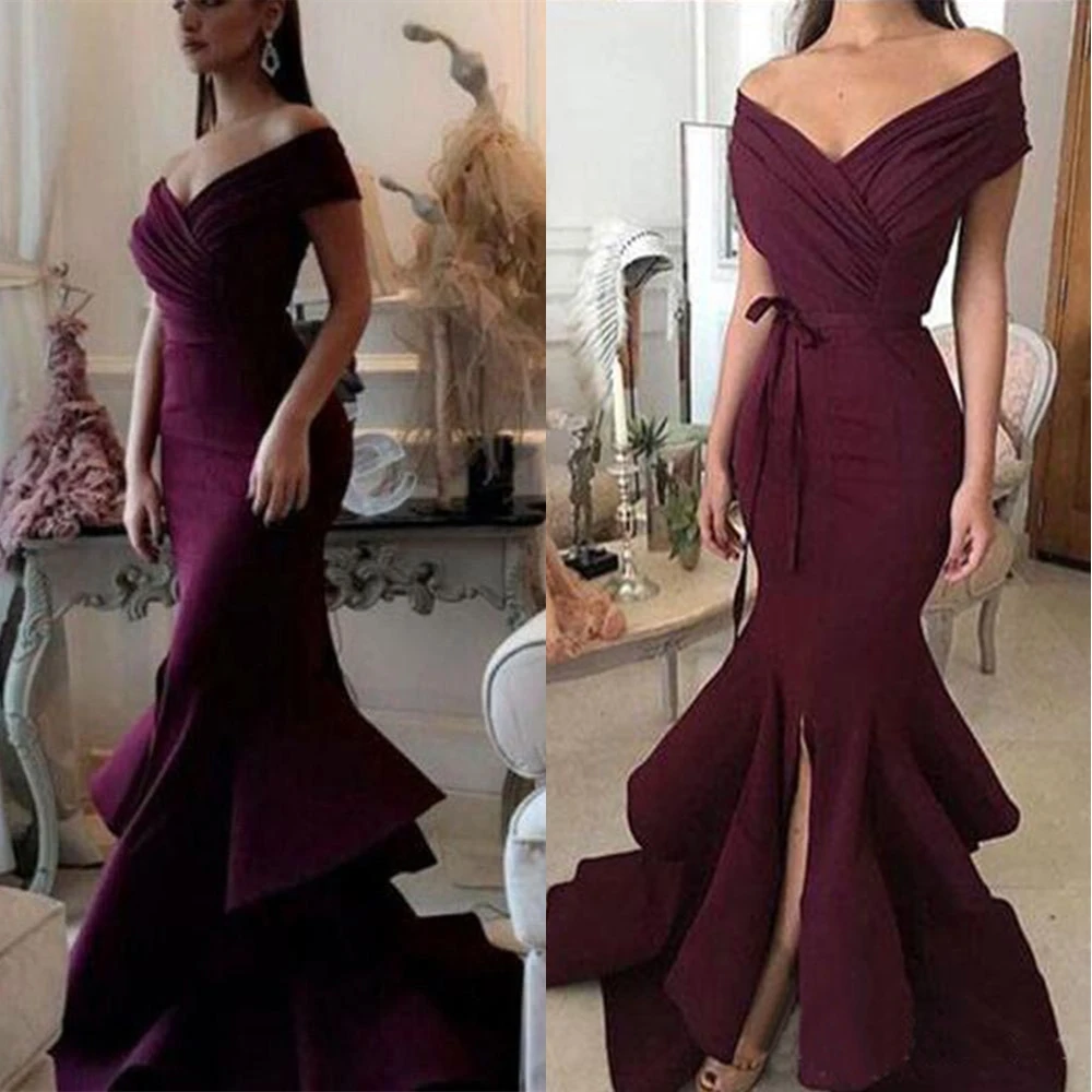 

Floor-Length Pleat Off-Shoulder Prom Party Gown Trumpet Mermaid Evening Dress V-Neck Split Front/Side Sleeveless Formal Dresses
