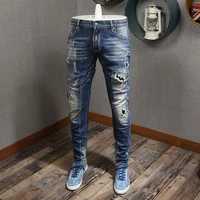 european american street fashion men jeans retro blue slim fit embroidery designer ripped jeans men hip hop denim biker pants