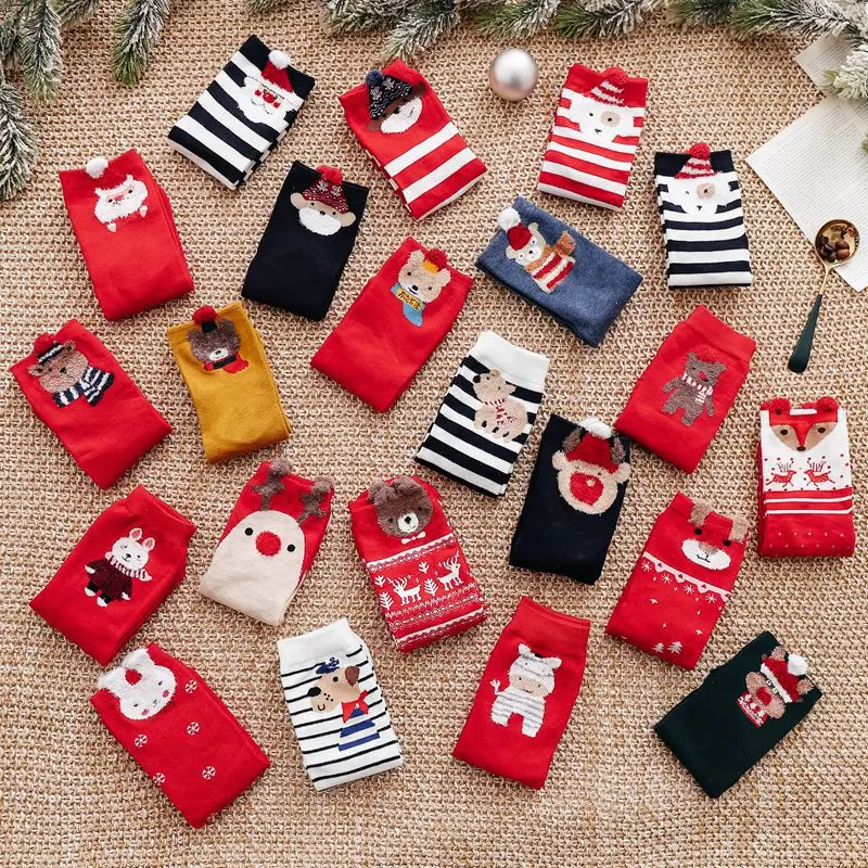 Christmas Socks Colored Cotton Red Socks 22 Pairs Cartoon Animal Cotton Cute Gift Christmas Socks Girl