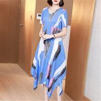 miyake folds 2021 summer new fashion and comfortable loose plus size women dress high end printing short sleeved big swing dress
