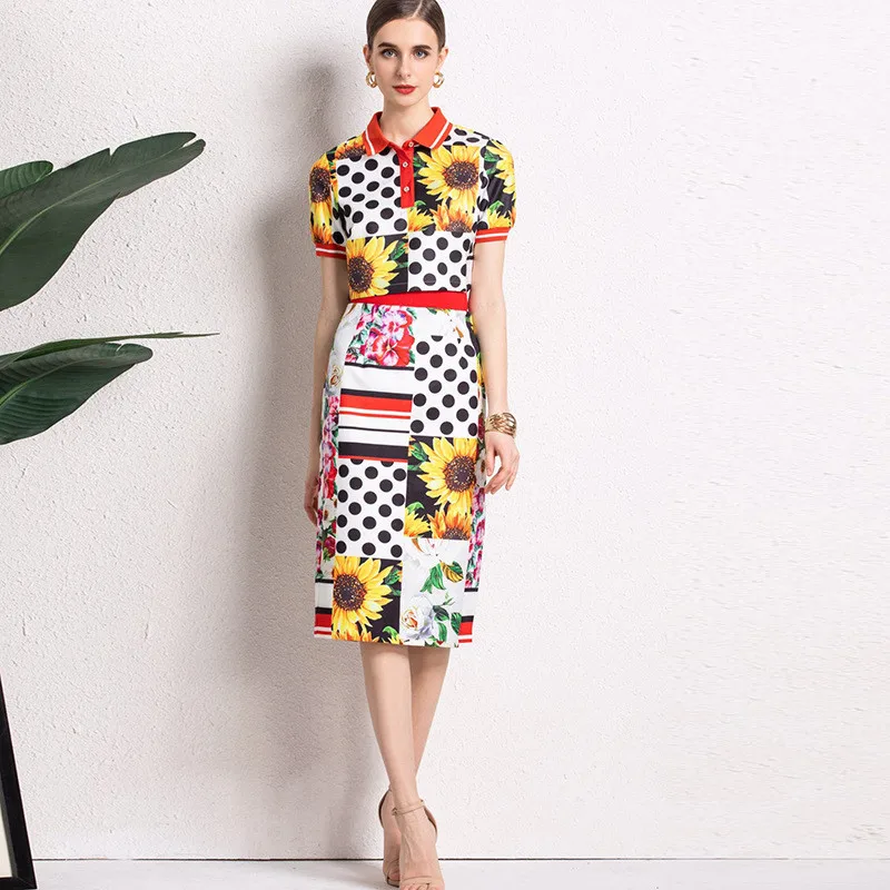 

Summer New Fashion Runway 2 Piece Outfits Women High Quality Short Sleeve Sunflower Print Crop Top and Pencil Skirt Sets Suit