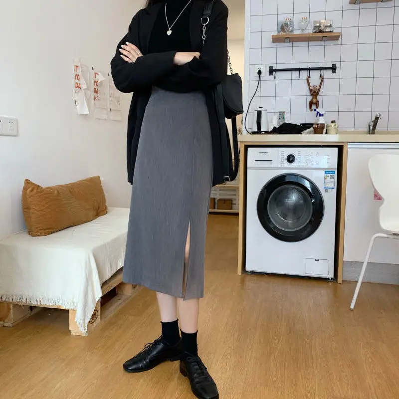 

Юбка женская прямая до середины икры, однотонная облегающая юбка в Корейском стиле, в стиле Харадзюку, с Боковым Разрезом, в стиле Харадзюку,...