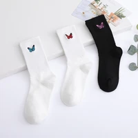 womens tube butterfly cartoon embroidery cotton socks ladies spring and autumn sports students black and white breathable socks