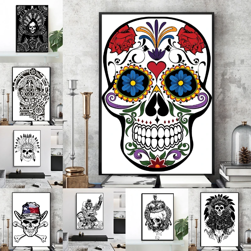 

Wall Art Canvas Painting Nordic Abstract Skull Posters and Prints Dark Rose Flowers Pictures for Living Room Home Decoration