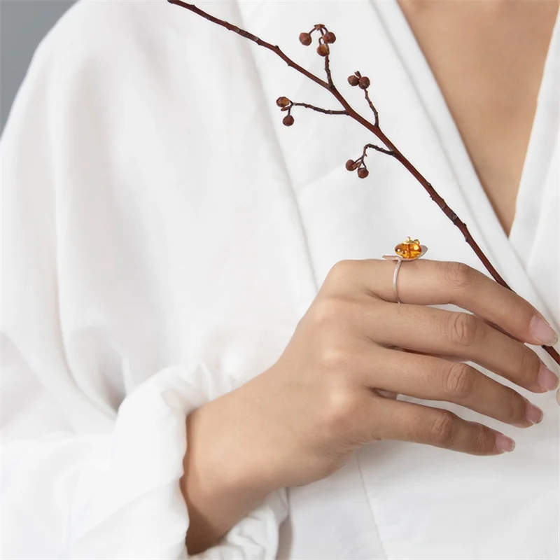 

INATURE 925 Sterling Silver Natural Amber Teapot Open Ring For Women Jewelry