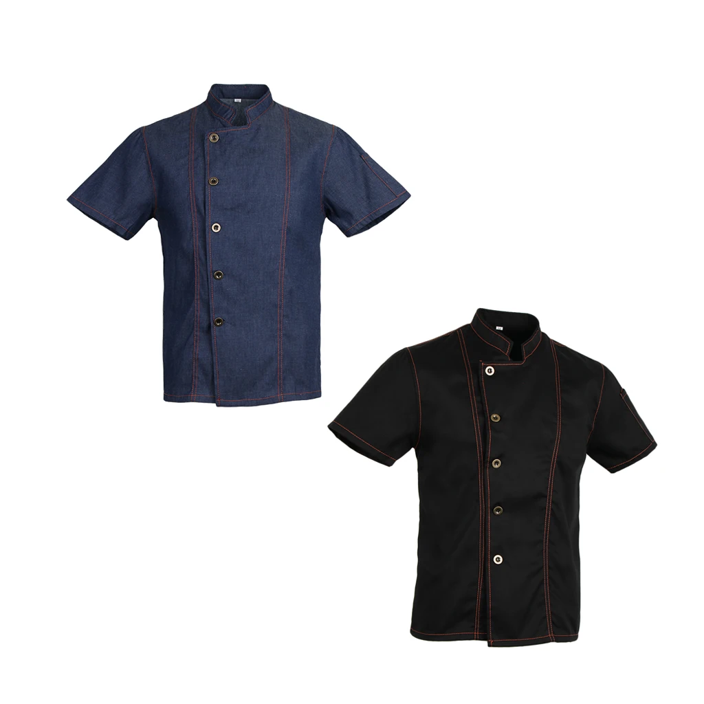 

2pcs Unisex Denim Chef Jacket Coat Short Sleeves Shirts Food Service Kitchen Uniforms M