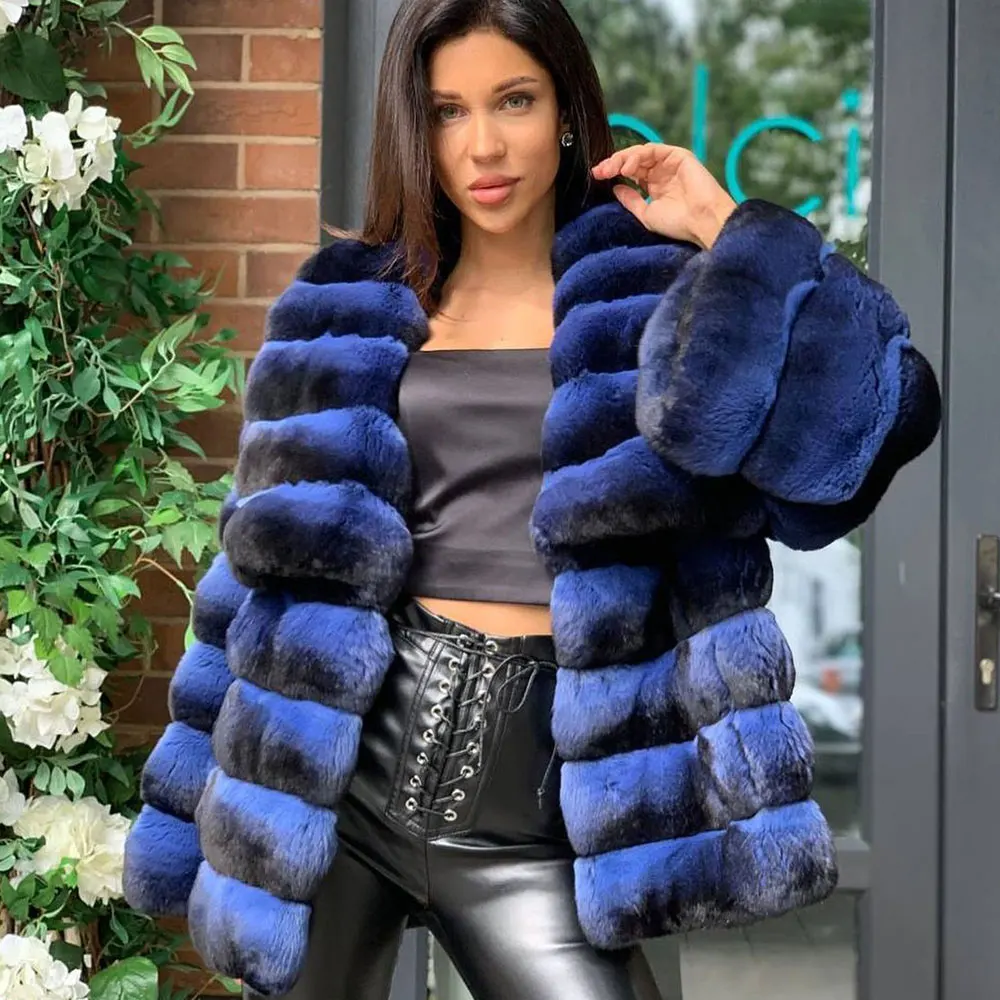 Fashion Royal Blue Real Rex Rabbit Fur Jacket Turn-down Collar Luxury Women Genuine Fur Overcoats Winter Rex Rabbit Fur Coats