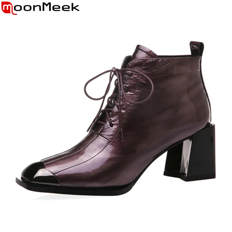 MoonMeek 2020 winter genuine leather ankle boots fashion lace up high heels shoes woman square toe 2 colors women boots