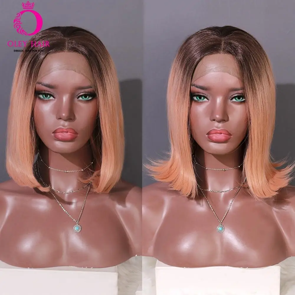 Blonde Synthetic Lace Front Wig Glueless Heat Resistant Orange Black Bob Wig High Density Short Wigs For Black Women OLEY Hair