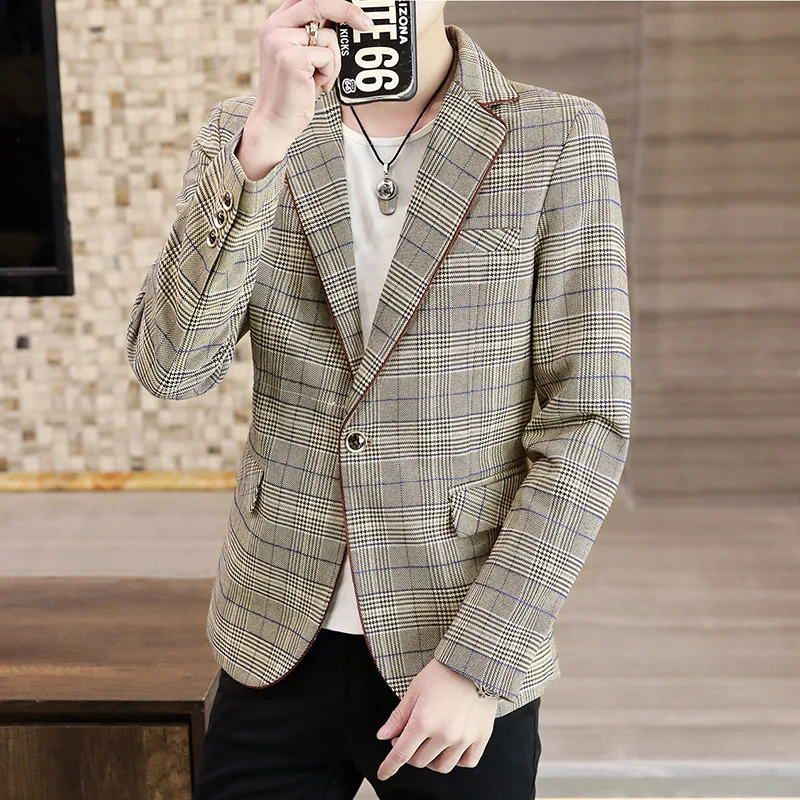 

Leisure suit man spring autumn new small suit autumn outfit Korean version tide handsome slim single western checkered coat