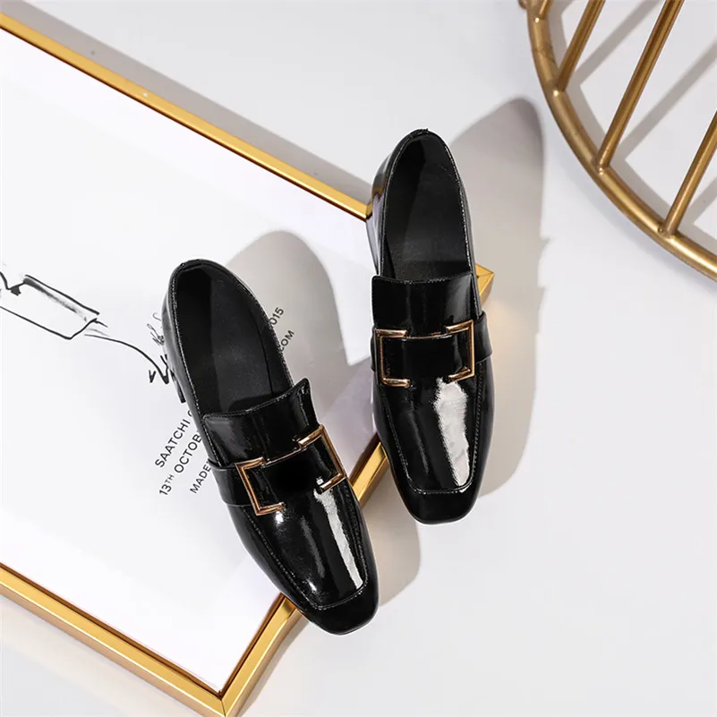 

ANNYMOLI Square Toe Women Shoes Real Leather Med Heels Metal Decoration Thick Heel Pumps Slip On Dress Footwear Female Black 41