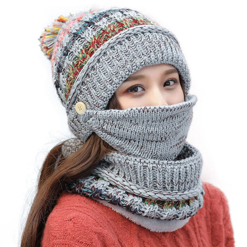 

2021 Hat winter women's Mask Hat for girls Scarf Thick Warm Fleece Inside Knitted Hat Scarf Set 3pcs Winter Riding fashion Hats
