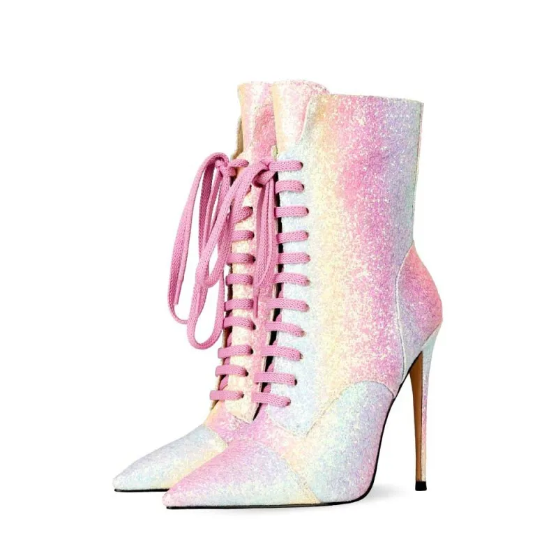 

New Stiletto High Heels Fashion Women Glittery Boots Cross Lace Sequins Detachable Butterfly Wings Sequined Sexy Short Boots