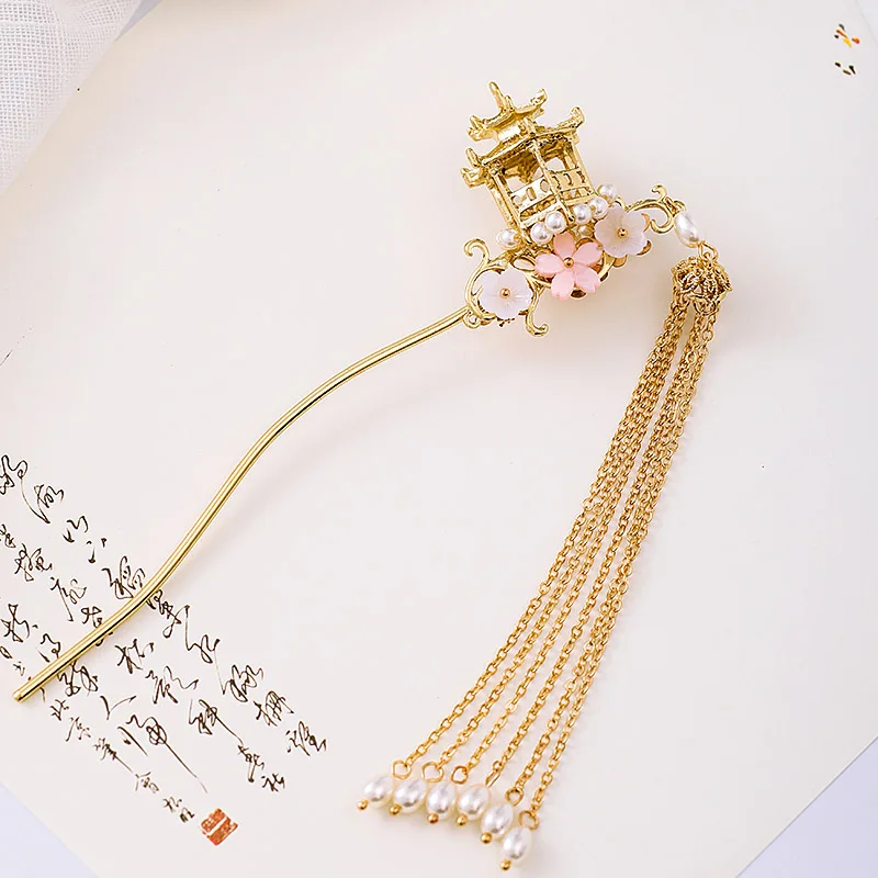 New Chinese Hanfu Dress Hairpins Clips Flower Pearls Gold Color Long Tassels Hair Fork Sticks Headpieces for Women Girls | Украшения и