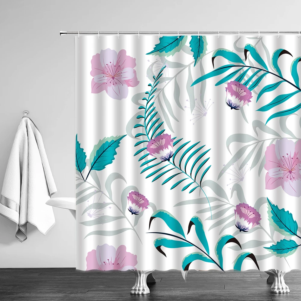 

Tropical Plant Leaves Blue Ocean Landscape Shower Curtain Tree Leaf Flower Bathroom Decor Creative Waterproof Fabric Curtains