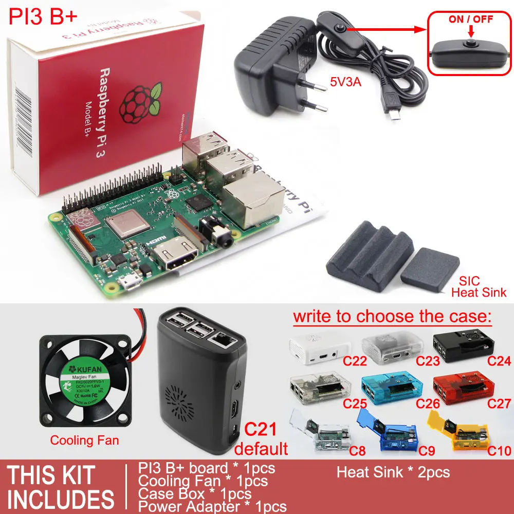 Комплект 2 Raspberry Pi 3 Model B+ плюс плата+ чехол коробка+ вентилятор охлаждения+ sd-карта+ теплоотвод+ адаптер питания переменного/постоянного тока+ кабель HDMI - Комплект: Комплект 2