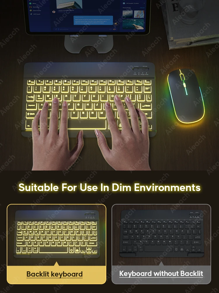 Фото Клавиатура Teclado с подсветкой совместимая Bluetooth для iPad Android Windows iOS телефона Клавиатура Teclado с подсветкой совместимая Bluetooth для iPad Android Windows iOS телефона
